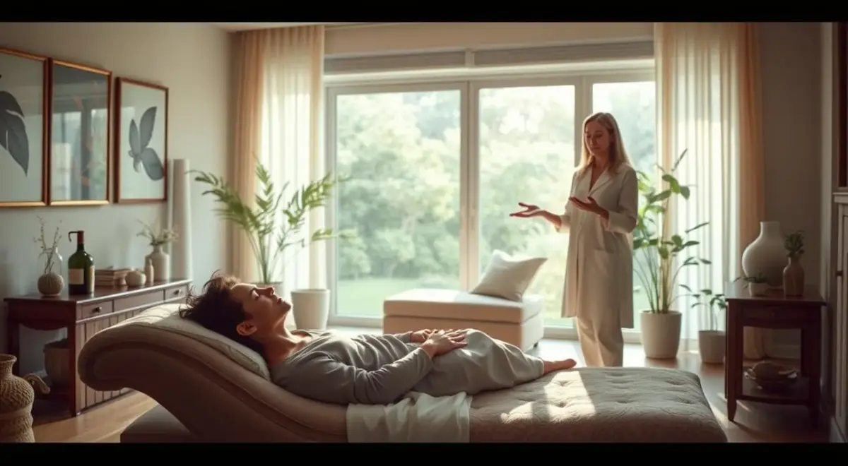 A tranquil scene of a therapeutic session, bathed in soft, natural lighting. In the foreground, a person reclines on a comfortable chaise, eyes gently closed, as a hypnotherapist stands nearby, hands outstretched in a calming gesture. The middle ground features soothing artwork and calming decor, creating an atmosphere of relaxation and introspection. In the background, a large window overlooks a serene garden, enhancing the sense of peacefulness. The overall mood is one of mindfulness, as the subject undergoes a transformative hypnotherapy session to alleviate anxiety and achieve a state of inner calm. A tranquil scene of a therapeutic session, bathed in soft, natural lighting.