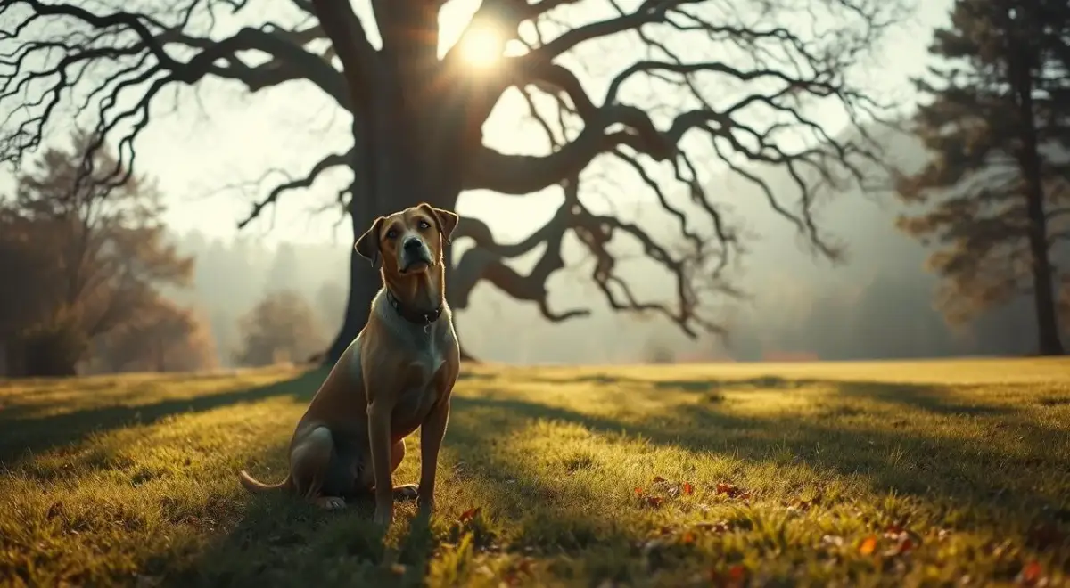 A tranquil, sun-dappled meadow on a crisp autumn day. In the foreground, a lone dog sits, head cocked inquisitively, its expression conveying a sense of apprehension and uncertainty. The middle ground reveals a towering, ancient oak tree, its gnarled branches casting long shadows across the grassy expanse. In the distance, a hazy forest looms, its dense foliage shrouding the unknown. The lighting is soft and diffused, creating a serene, contemplative atmosphere. The camera angle is slightly elevated, lending a sense of observation and contemplation to the scene. This image aims to capture the origins and symptoms of canine-related fear, inviting the viewer to reflect on the complex emotional landscape that often underlies our relationships with these beloved companions. A tranquil, sun-dappled meadow on a crisp autumn day.