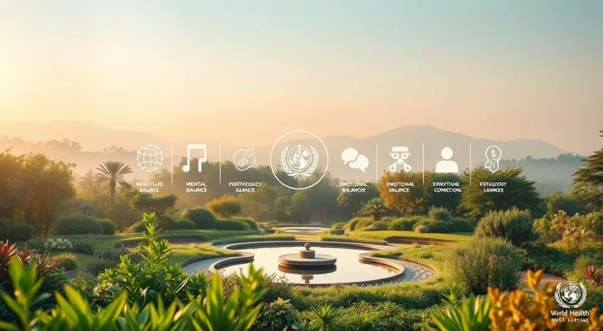 A tranquil, vibrant landscape showcasing the World Health Organization's 10 key priorities for psychological well-being. In the foreground, a serene garden with lush, verdant plants and soothing water features. In the middle ground, abstract shapes and icons representing the various aspects of mental health, such as mindfulness, emotional balance, and social connection. The background features a soft, hazy sky with warm, golden light, creating a calming, introspective atmosphere. The composition is balanced and harmonious, conveying a sense of holistic wellness and the WHO's comprehensive approach to psychological well-being. A tranquil, vibrant landscape showcasing the World Health Organization's 10 key priorities for psychological well-being.