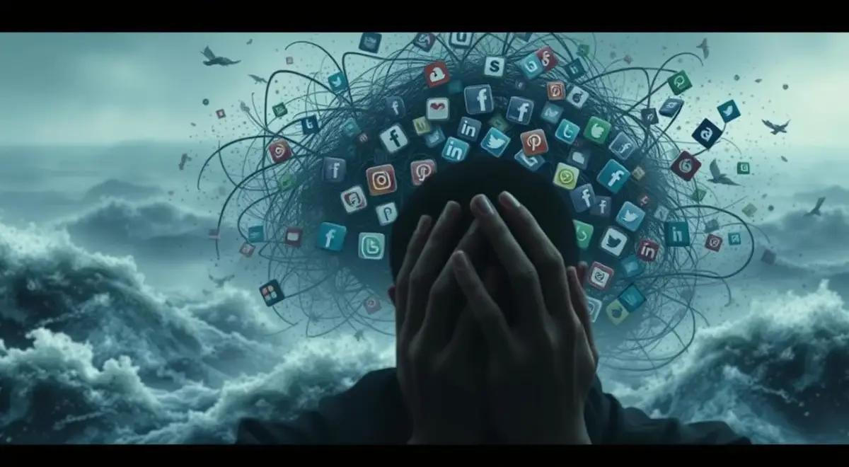 A turbulent sea of mental anguish, with waves of anxiety and depression crashing against the shores of the human psyche. In the foreground, a figure shrouded in shadows, consumed by the fear of judgment, their face obscured by their hands. In the middle ground, a tangle of social media icons, their vibrant colors muted, casting an oppressive shadow over the scene. The background fades into a hazy, dreamlike state, with disjointed fragments of text and fragmented thoughts swirling in the distance, reflecting the chaos and fragmentation of the mind. The overall atmosphere is one of unease, vulnerability, and the heavy toll that the fear of judgment can have on mental well-being. A turbulent sea of mental anguish, with waves of anxiety and depression crashing against the shores of the human psyche.