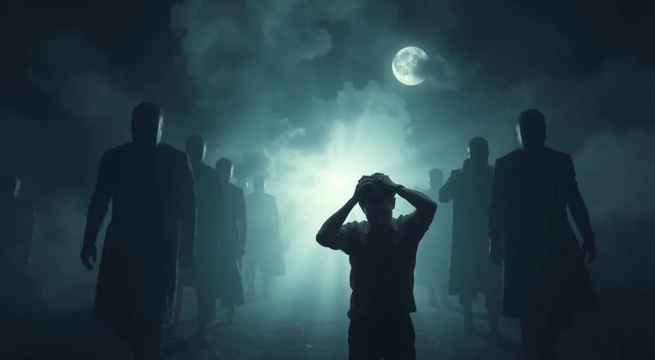 A vast expansion of anxious thoughts and emotions, a mind consumed by the relentless cycle of worry and apprehension. Shadowy figures loom in the background, symbolic of the ever-present threats that fuel the widespread anxiety disorder. In the foreground, a figure stands, shoulders hunched, face obscured, grasping at their head, the weight of their inner turmoil palpable. The lighting is dim, casting a somber, oppressive atmosphere, mirroring the subject's experience. The scene is captured through a wide-angle lens, highlighting the overwhelming nature of the disorder, trapping the individual in a seemingly endless cycle of anxiety and stress. A vast expanse of anxious thoughts and emotions, a mind consumed by the relentless cycle of worry and apprehension.