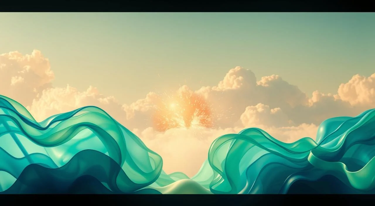 A vibrant, abstract scene depicting the transformation of negative thoughts into positive energy. The foreground features fluid, swirling shapes in a gradient of blues and greens, symbolizing the shifting of the mind. In the middle ground, bursts of warmth, golden light emerges, representing the flourishing of positive mindsets. The background is a serene, cloud-like expansion in soft, pastel hues, creating a sense of tranquility and openness. Dramatic lighting casts dynamic shadows, enhancing the dynamic, evolving nature of this mental journey. The overall composition conveys a sense of movement, growth, and the empowering transition from darkness to light. A vibrant, abstract scene depicting the transformation of negative thoughts into positive energy.