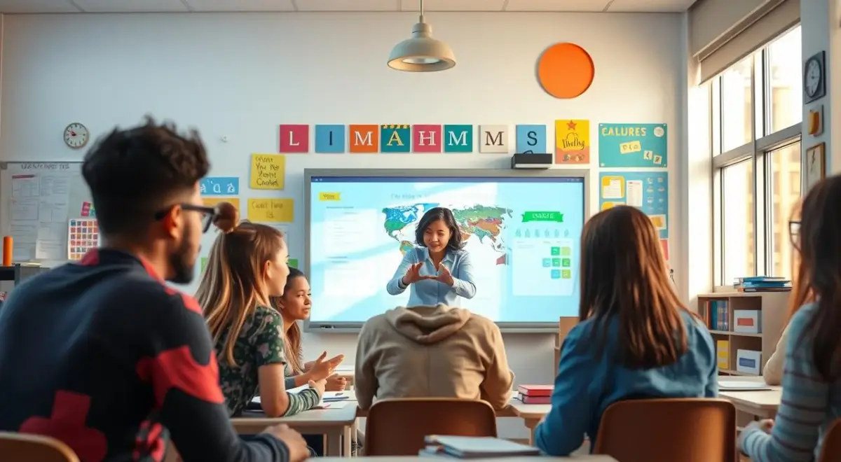 A vibrant classroom scene, with students engaged in dynamic group discussions and presentations. The foreground features a diverse group of students, their expressions focused and attentive, as they collaborate on a project displayed on a large interactive whiteboard. The middle ground showcases the teacher, gesturing and guiding the students, fostering an atmosphere of open communication and intellectual exchange. The background depicts the classroom itself, filled with colorful learning materials, whiteboards, and inspirational posters, all bathed in warm, natural lighting that filters through large windows, creating a welcoming and productive environment. The overall mood is one of constructive dialogue, mutual understanding, and the joy of learning. A vibrant classroom scene, with students engaged in dynamic group discussions and presentations.
