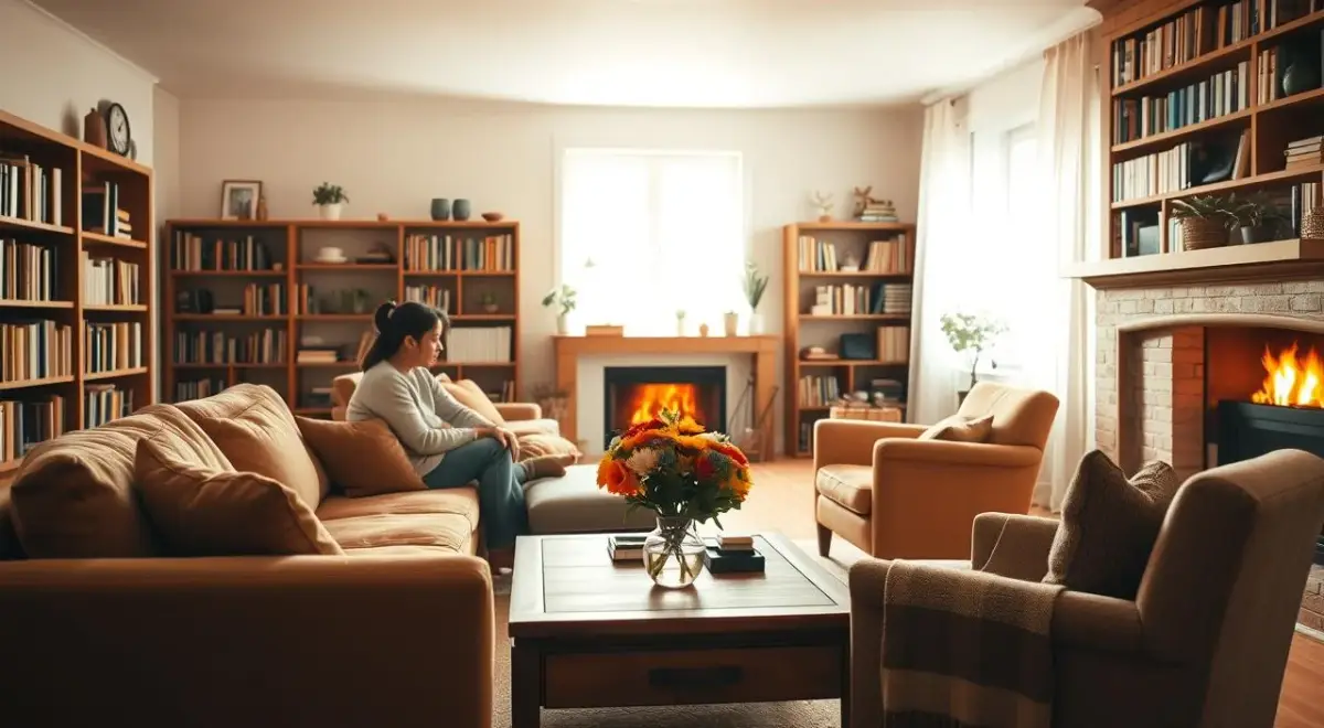 A warm, inviting family living room with soft, natural lighting filtering through large windows. In the foreground, a cozy sofa and armchair arrangement, upholstered in earthy tones, creates an intimate conversation space. On a low wooden coffee table, a vase of fresh flowers adds a touch of vibrant color. In the middle ground, bookshelves line the walls, filled with well-worn volumes, reflecting a sense of intellectual curiosity. The background features a fireplace with a crackling fire, casting a gentle glow throughout the space. An atmosphere of comfort, familiarity, and emotional nourishment permeates the scene, evoking a healthy, supportive family dynamic. A warm, inviting family living room with soft, natural lighting filtering through large windows.