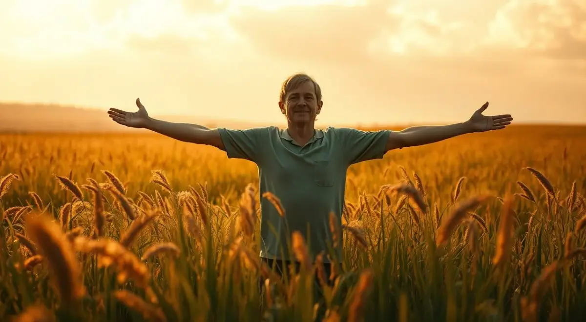 A warm, serene scene depicting a person standing in a field of tall, swaying grasses, their arms outstretched in a gesture of self-acceptance and confidence. Soft, golden sunlight filters through wispy clouds, casting a gentle glow on the figure. The landscape is lush and tranquil, inviting a sense of inner peace and self-assurance. The person's expression is calm and contented, radiating a deep sense of self-love and empowerment. The overall mood is one of introspection, growth, and the embrace of one's authentic self. A warm, serene scene depicting a person standing in a field of tall, swaying grasses, their arms outstretched in a...