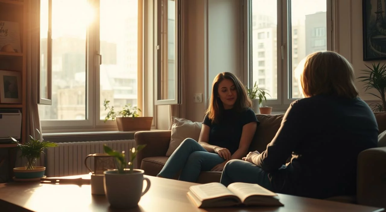 A warm, sun-drenched apartment, its windows open to the bustling city beyond. In the foreground, a woman sits on a couch, her expression thoughtful and engaged as she listens to a friend across from her. Their body language conveys a sense of openness and understanding, a connection forged through empathy. In the middle ground, simple, everyday objects - a potted plant, a mug of tea, a well-worn book - serve as a backdrop to this intimate moment. The overall mood is one of tranquility and connection, a testament to the power of empathy in the routines of daily life. A warm, sun-drenched apartment, its windows open to the bustling city beyond.