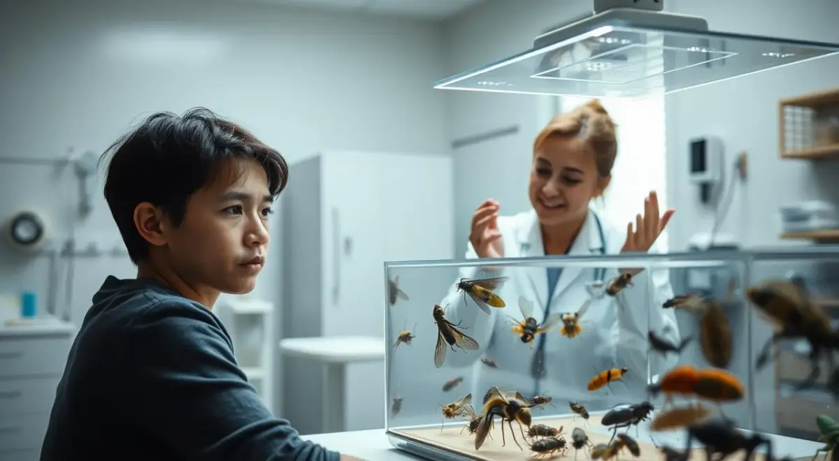 A well-lit, detailed scene depicting various techniques of insect exposure therapy.