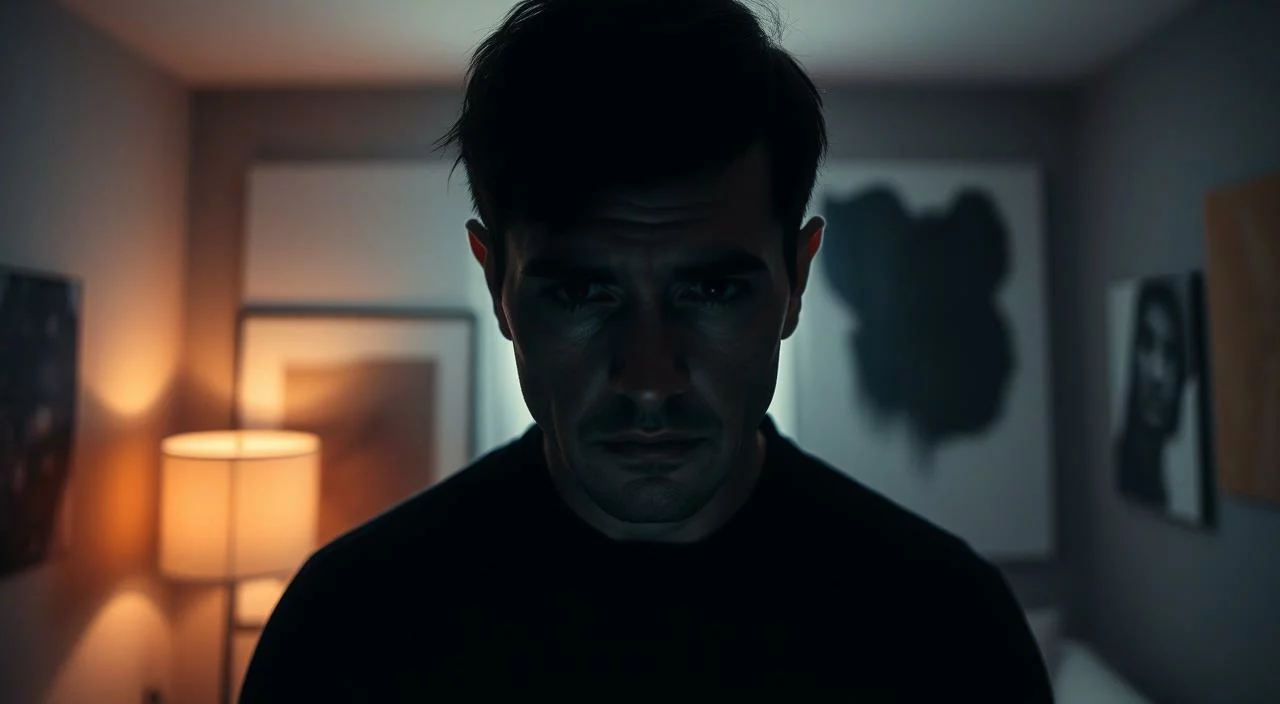 A worried person standing in the center of the frame, their face cast in deep shadows, conveying a sense of discomfort and insecurity. In the background, a dimly lit room with abstract shapes and muted colors, creating an oppressive and claustrophobic atmosphere. The lighting is dramatic, with a single spotlight illuminating the subject's face, highlighting their furrowed brow and pursed lips, suggesting the weight of their inner turmoil. The camera angle is slightly high, adding to the sense of vulnerability and unease. The overall mood is one of trepidation and apprehension, reflecting the theme of "fear of judgment and communication." A worried person standing in the center of the frame, their face cast in deep shadows, conveying a sense of discomfort...