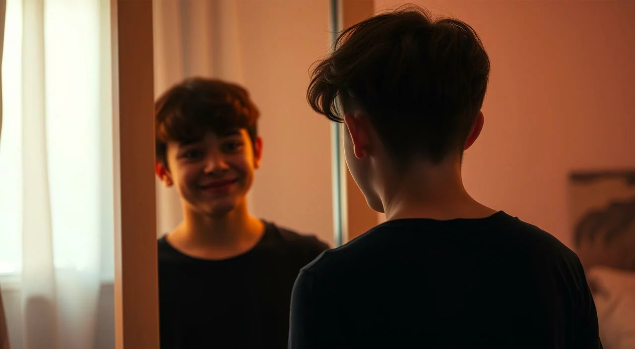 A young person standing in front of a mirror, their reflection showing a confident, self-assured expression. The scene is bathed in warm, soft lighting, creating a sense of introspection and inner exploration. The background is blurred, hinting at the teenager's personal space, perhaps a bedroom or private sanctuary. The overall mood is one of self-acceptance, personal growth, and the overcoming of insecurities during this pivotal stage of life. A young person standing in front of a mirror, their reflection showing a confident, self-assured expression.