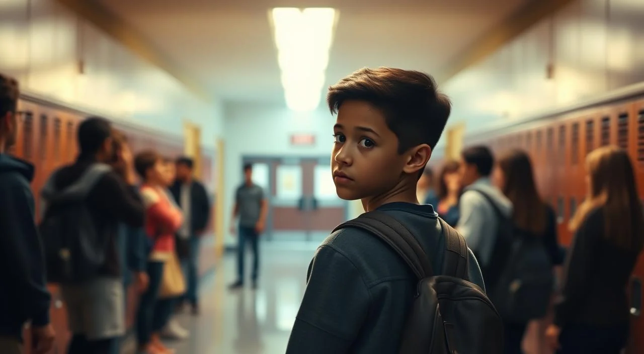 A young student standing confidently, their shoulders back and head held high, facing a crowd of onlookers. The background is a serene, softly-lit school hallway, with lockers and bulletin boards fading into the distance. Warm lighting casts a gentle glow, creating a sense of empowerment and self-assurance. The student's expression is determined, their gaze unwavering, conveying a belief in their own worth and a refusal to be defined by the judgments of others. The scene evokes a message of overcoming fear, embracing one's true self, and finding the strength to navigate the social dynamics of the school environment. A young student standing confidently, their shoulders back and head held high, facing a crowd of onlookers.