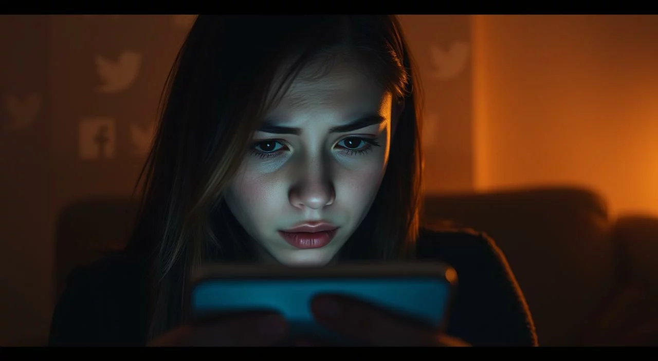 A young woman in a dimly lit room, her face partially obscured by a smartphone screen, her expression troubled. The background is hazy, with social media icons and logos faintly visible, suggesting the overwhelming presence of digital platforms. Soft, warm lighting casts shadows, creating a sense of introspection and isolation. The composition emphasizes the subject's disconnection from her surroundings, highlighting the impact of social media on her self-perception and mental well-being. A young woman in a dimly lit room, her face partially obscured by a smartphone screen, her expression troubled.
