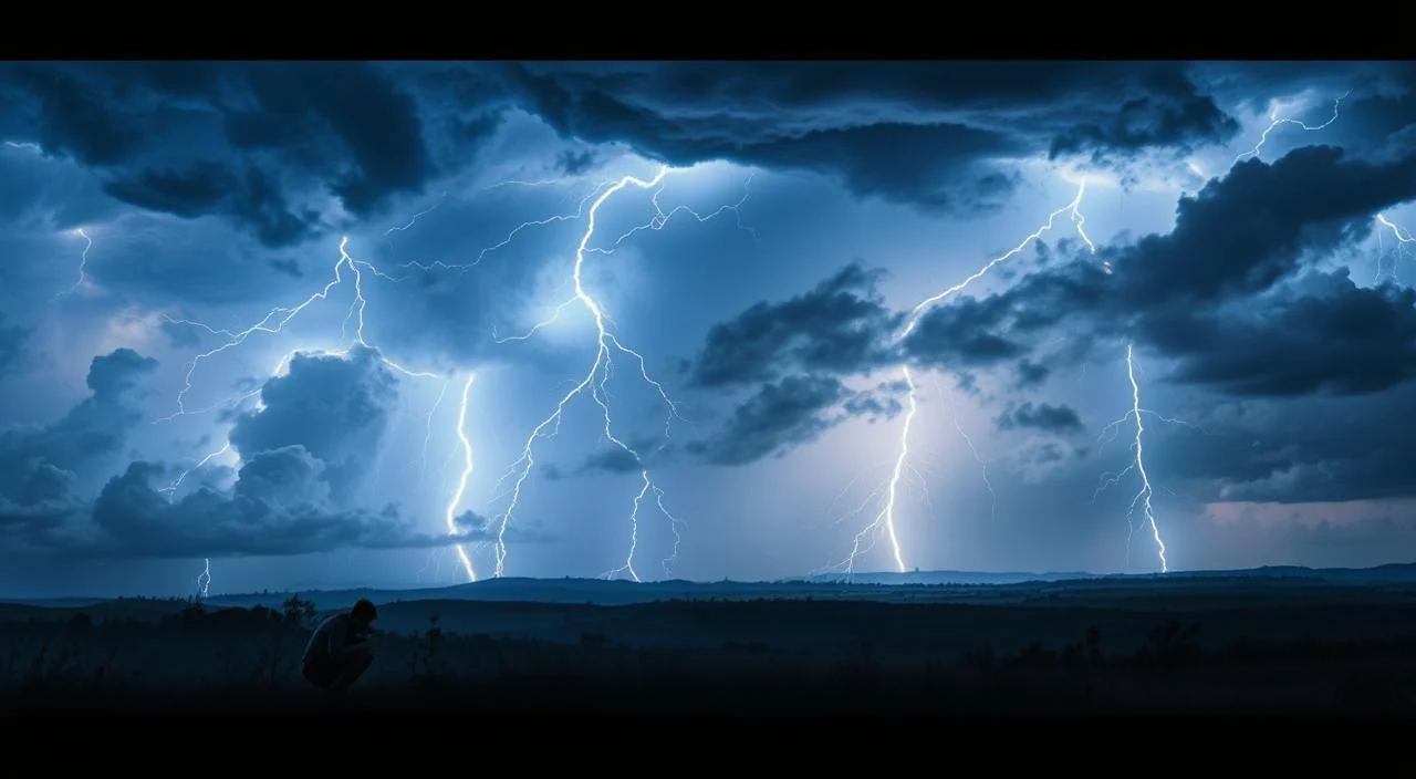 Causes of astraphobia, a striking scene of thunderstorm and lightning against an ominous sky. In the foreground, a lone figure cowering in fear, their body language conveying the visceral terror of the storm. The middle ground features swirling clouds and ominous bolts of electricity cracking through the air, illuminating the landscape with an eerie, dramatic light. In the background, a horizon obscured by dark, foreboding clouds, suggesting the unrelenting power of nature. The overall mood is one of dread and unease, capturing the essence of the phobia that the image aims to illustrate. Therapy visual about facing fear with calm professional support