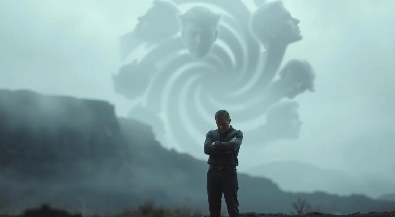 Causes of fear of judgment: a weight of expectations on a person's shoulders, casting a dark shadow of doubt and self-consciousness. In the foreground, a figure stands alone, arms crossed protectively, eyes downcast, tensed against an unseen critical gaze. In the middle ground, a swirling vortex of disembodied faces, eyes narrowed, mouths twisted in judgment. The background is a blurred, monochromatic landscape, devoid of warmth or comfort, highlighting the isolation and vulnerability of the central figure. Soft, diffused lighting casts a somber, introspective mood, conveying the internal struggle and mental anguish of confronting the fear of being judged. Therapy visual about facing fear with calm professional support