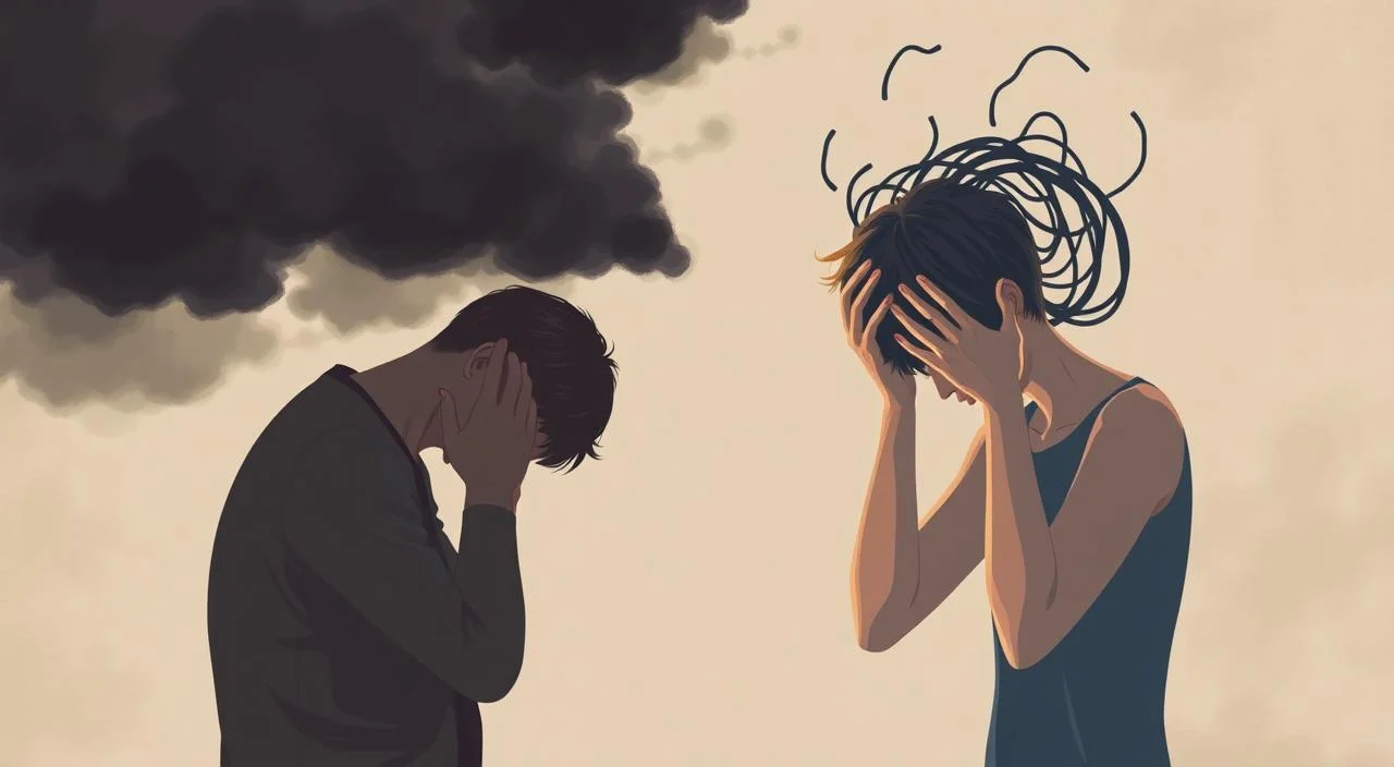 Differences between anxiety and depression. A thought-provoking illustration depicting the contrasting emotional states. In the foreground, a figure consumed by the dark clouds of depression, shoulders hunched, head bowed. In the middle ground, another figure wrestling with the spiraling tendrils of anxiety, hands clasped to the head. The background is a calming, neutral space, suggesting the potential for balance and healing. Soft, muted tones evoke a sense of introspection, while the lighting casts dramatic shadows, heightening the sense of inner turmoil. The overall composition conveys the complex interplay between these two profound mental health conditions. Differences between anxiety and depression.