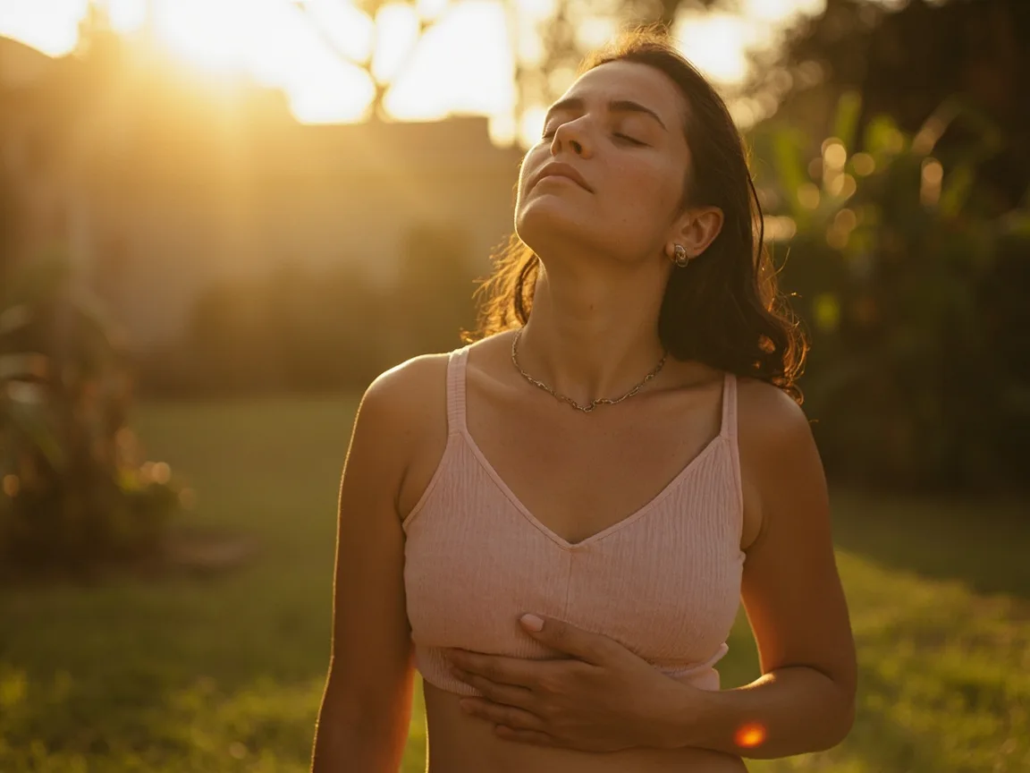 Woman practising calm breathing outdoors as a strategy for managing anxiety