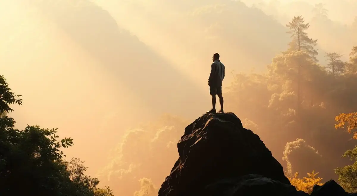 Serene landscape of personal growth, with a lush forest backdrop. In the foreground, a lone figure stands atop a rocky outcrop, gazing introspectively into the distance. The figure's pose conveys a sense of contemplation and self-reflection. Soft, warm lighting filters through the canopy, casting a gentle glow on the scene. The environment is characterized by a harmonious blend of natural elements, symbolizing the journey of inner transformation. A sense of tranquility and clarity permeates the composition, inviting the viewer to pause and connect with the essence of personal development. Serene landscape of personal growth, with a lush forest backdrop.