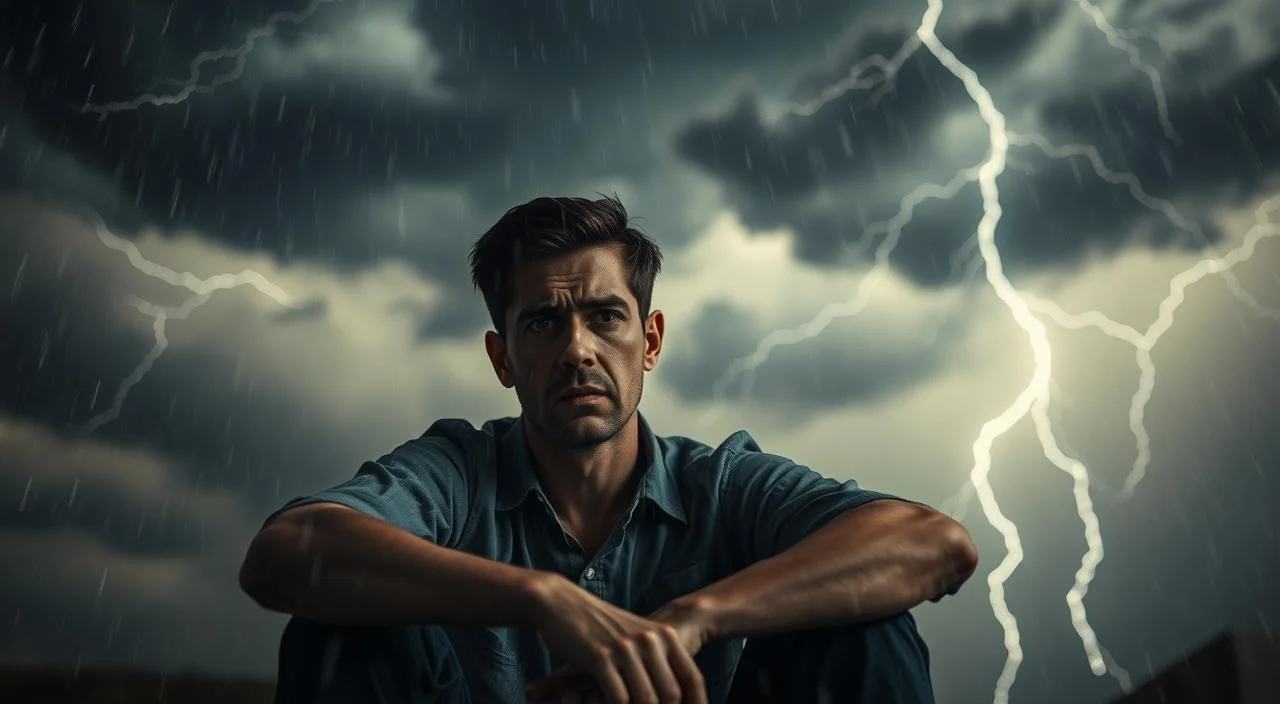 Stormy weather symptoms: A person sitting anxiously amidst a raging thunderstorm, their face etched with worry and apprehension. Dramatic dark clouds fill the background, illuminated by flashes of lightning that cast an ominous glow. Rain pours down, creating a sense of distress and discomfort. The figure's body language conveys a sense of tension and unease, as they struggle to cope with the overwhelming sensory experience of the storm. The scene is captured with a shallow depth of field, keeping the central figure in sharp focus while blurring the turbulent surroundings, enhancing their internal struggle. Stormy weather symptoms: A person sitting anxiously amidst a raging thunderstorm, their face etched with worry and...