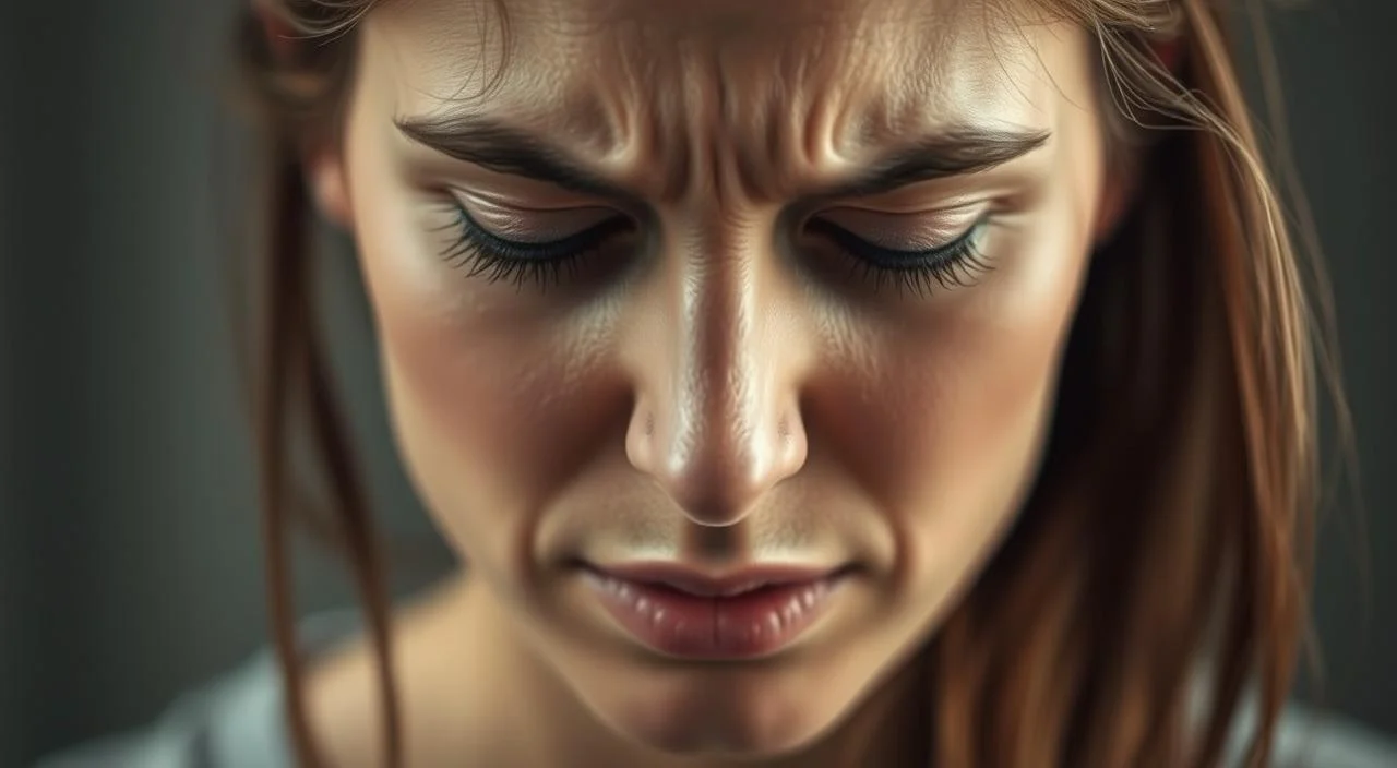 Subtle emotional manifestations of anxiety: a woman's face, furrowed brow, eyes downcast, a hint of tension in the jaw, conveying an internal emotional turmoil despite an outward composure. Soft, muted lighting illuminates her features, creating a thoughtful, introspective atmosphere. The background is blurred, drawing the viewer's focus solely to the subject's expressive countenance, a window into the complex emotional landscape of the human mind. Rendered in a realistic, photographic style, this image aims to capture the often-overlooked, yet profoundly impactful, early signs of anxiety. Subtle emotional manifestations of anxiety: a woman's face, brow furrowed, eyes downcast, a hint of tension in the jaw,...
