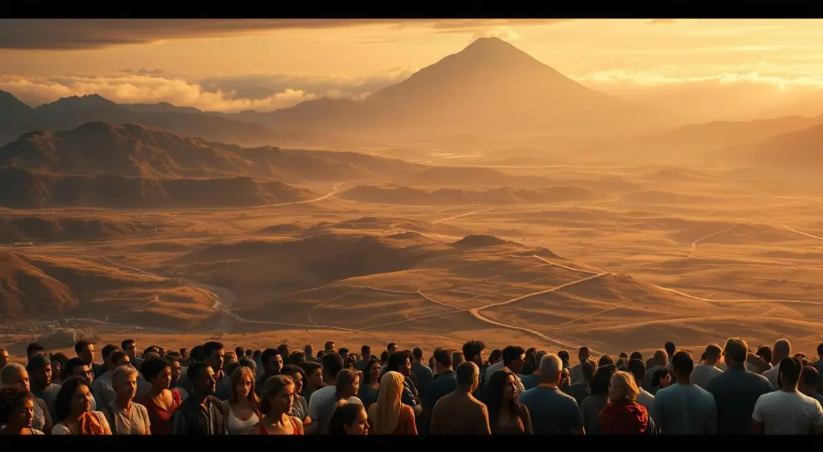 Sweeping landscape depicting the global challenges of mental health, bathed in warm, pensive lighting. In the foreground, a diverse group of people stand united, expressions reflecting the weight of these issues. The middle ground features a network of interconnected pathways, symbolizing the complex web of factors influencing mental wellbeing. In the distance, a towering mountain range shrouded in mist, conveying the daunting scale of the mental health crisis worldwide. The overall mood is one of determination and resilience, hinting at the opportunities to overcome these obstacles through collective action. Sweeping landscape depicting the global challenges of mental health, bathed in warm, pensive lighting.