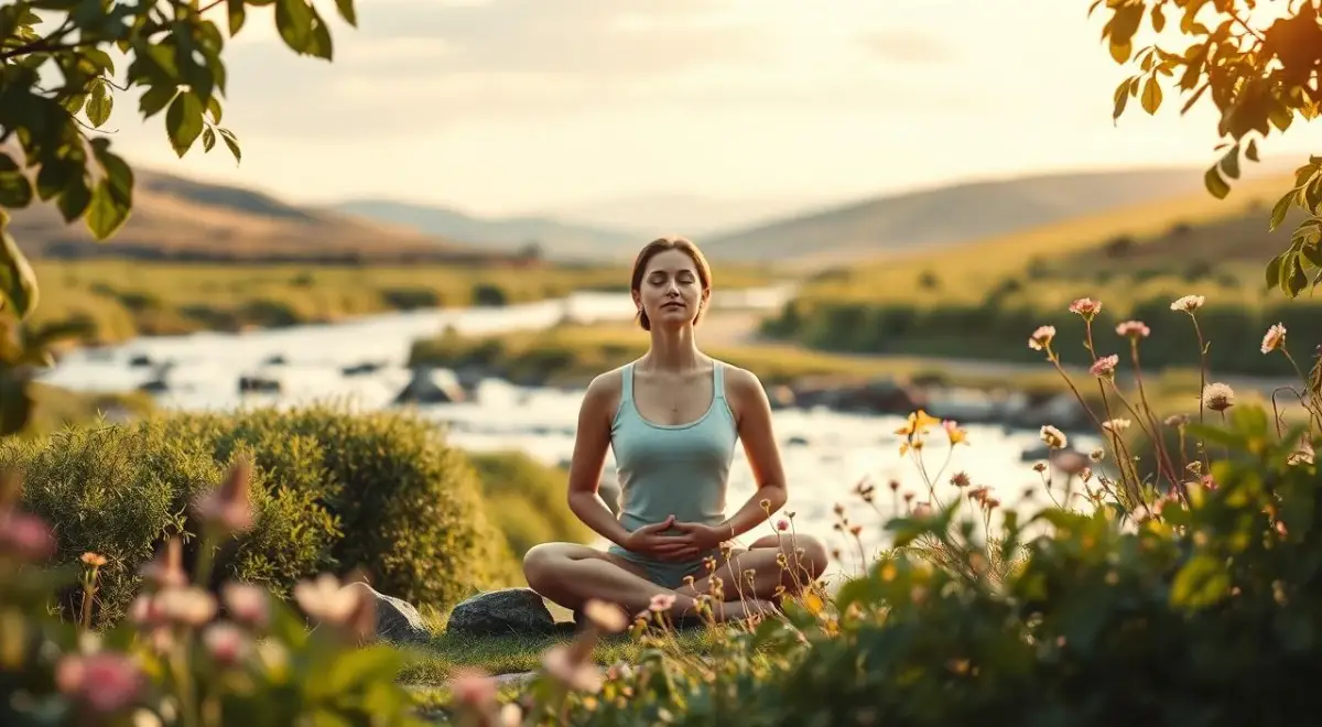 Visualizations for tension headache: A serene landscape with a person in a meditative pose, surrounded by soothing visuals. Soft, diffused lighting illuminates the scene, creating a calming atmosphere. In the foreground, a person sits cross-legged, eyes closed, hands resting on their lap, deeply focused on their breathing. Behind them, a gentle stream flows, its surface reflecting the natural surroundings. In the middle ground, lush green foliage frames the scene, with delicate flowers and plants adding pops of color. The background features rolling hills and a tranquil sky, creating a sense of expansiveness and peace. The overall composition evokes a sense of inner calm and relaxation, suitable for illustrating techniques of hypnotherapy for anxiety and tension headaches. Illustration about anxiety care and emotional regulation