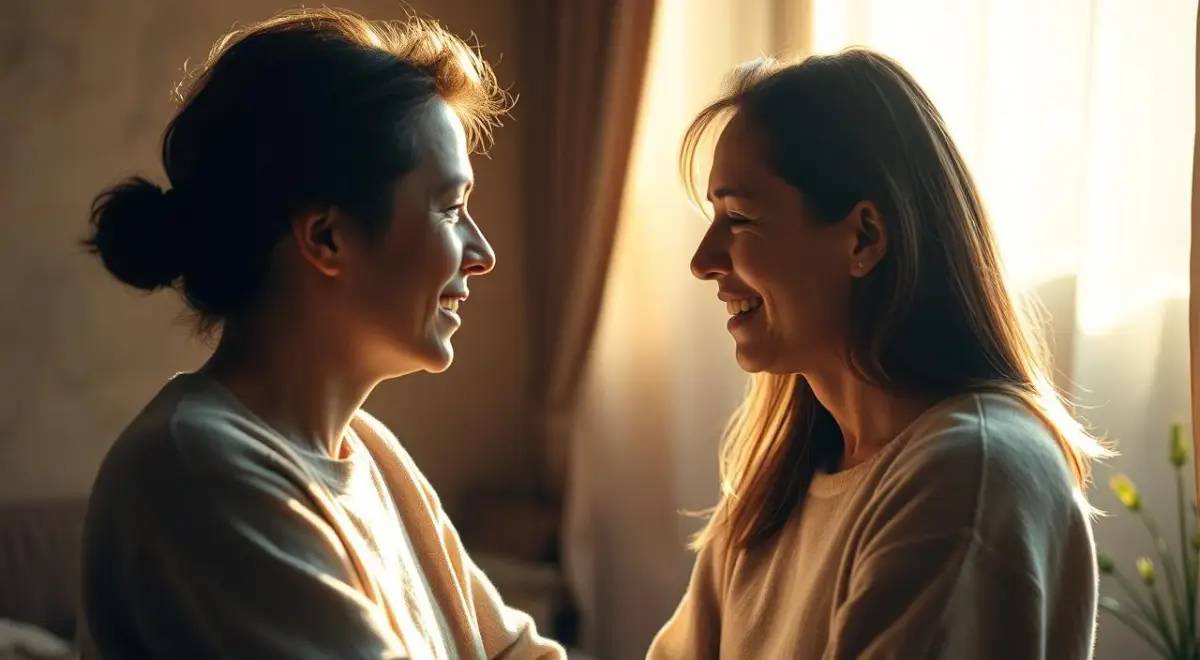 Warm, natural lighting illuminates a serene scene of two individuals engaged in a heartfelt, face-to-face conversation. Their postures are relaxed, their expressions open and attentive, conveying a sense of mutual trust and authenticity. The background is softly blurred, keeping the focus on the interpersonal connection. Gentle earth tones and organic textures create a calming, grounded atmosphere, reflecting the sincerity and reliability of their communication. The overall composition radiates a sense of genuine, meaningful exchange between the figures. Warm, natural lighting illuminates a serene scene of two individuals engaged in a heartfelt, face-to-face conversation.