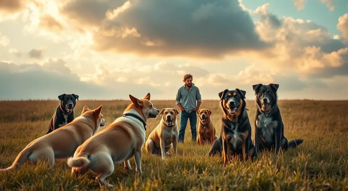 a fearful person standing in a grassy field, nervously looking at a pack of dogs in the foreground, their body language and facial expression conveying a sense of trepidation and unease; the dogs are of varying breeds, some standing alert and others lounging casually, creating an intimidating yet approachable scene; the sky is partly cloudy, with warm golden light filtering through, lending a contemplative atmosphere; the overall composition draws the viewer's attention to the central figures, highlighting the contrast between the human's fear and the dogs' nonchalance. a fearful person standing in a grassy field, nervously looking at a pack of dogs in the foreground, their body language...