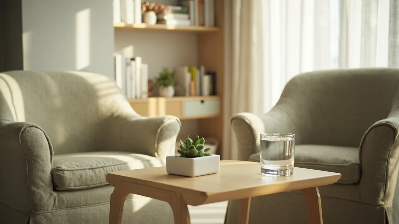 Duas poltronas verdes suaves voltadas uma para a outra em uma sala de terapia minimalista com luz natural, planta e estante ao fundo, evocando um espaço clínico acolhedor e seguro.