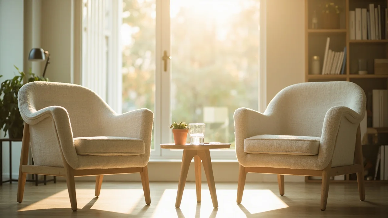 Two soft sage-green armchairs facing each other in a minimalist therapy room with natural light, a plant, and a bookshelf in the background, evoking a safe, welcoming clinical space.