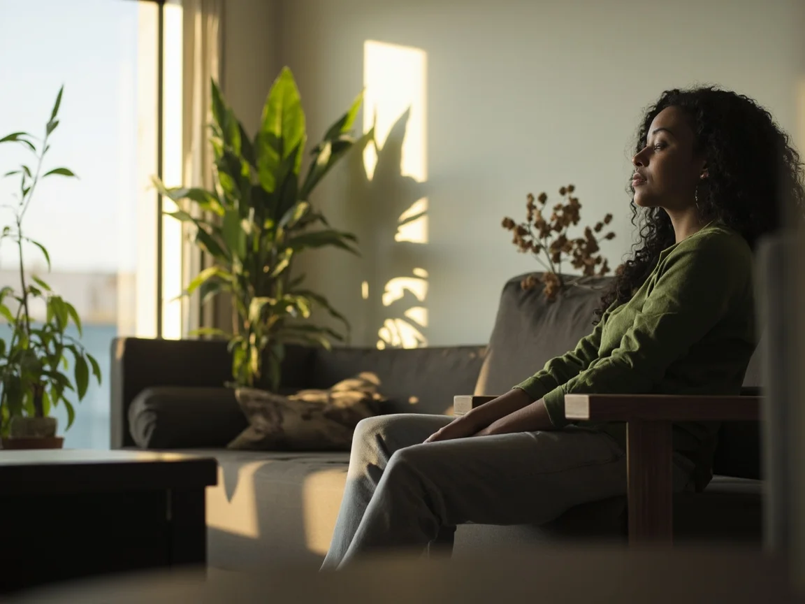Pessoa sentada com postura tranquila numa sala calma, luz natural da tarde
