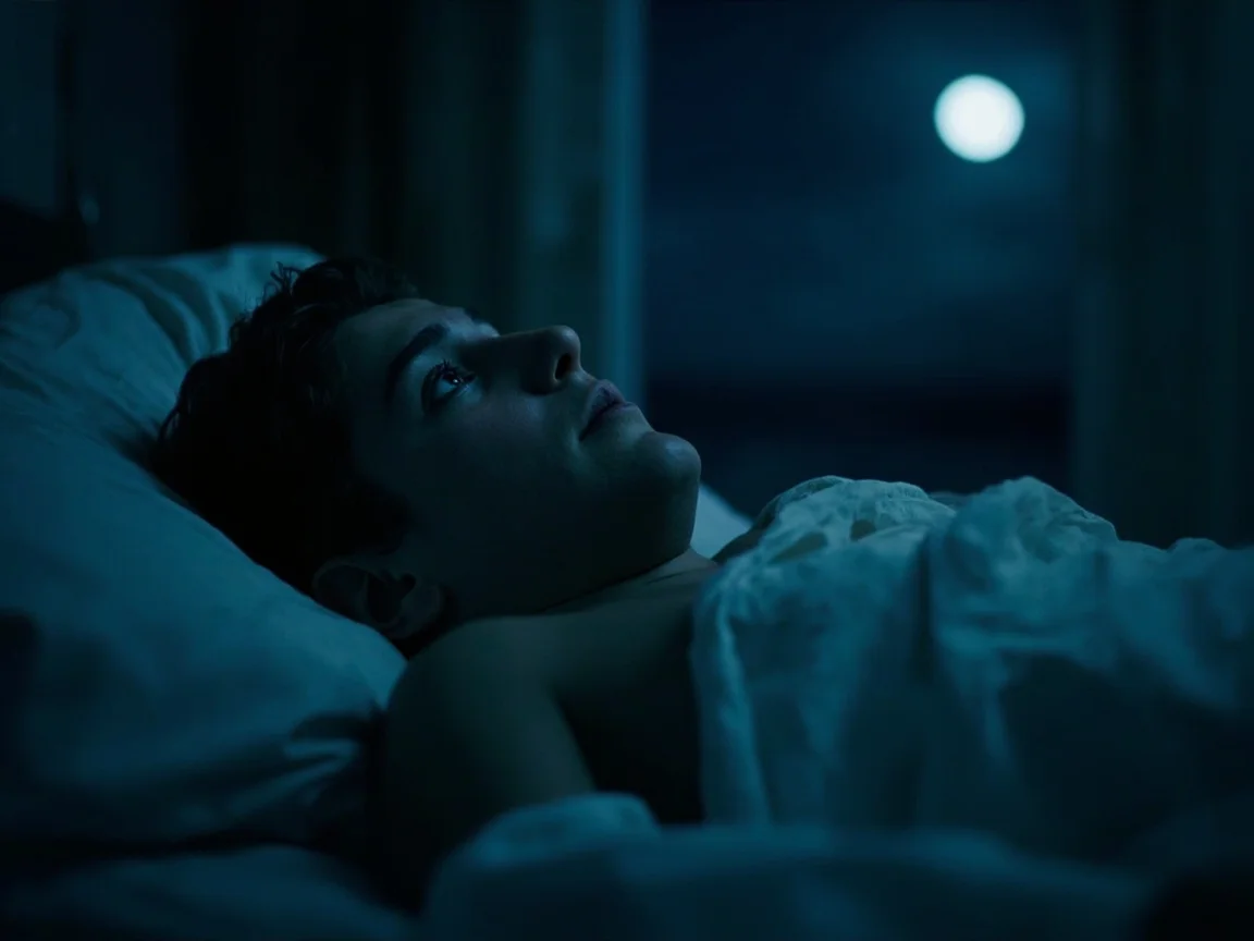 Person lying awake in bed at night