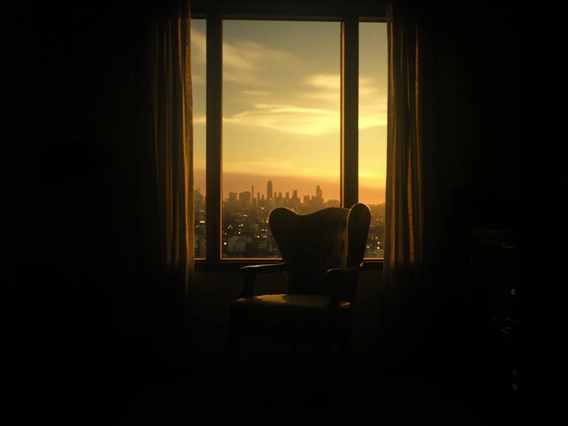 Empty chair beside window at twilight