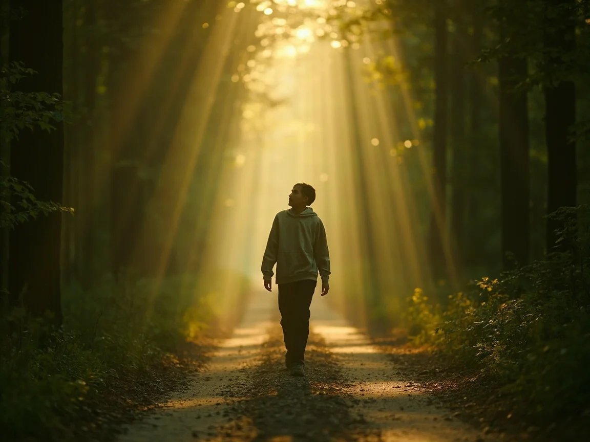 Person walking alone on forest path