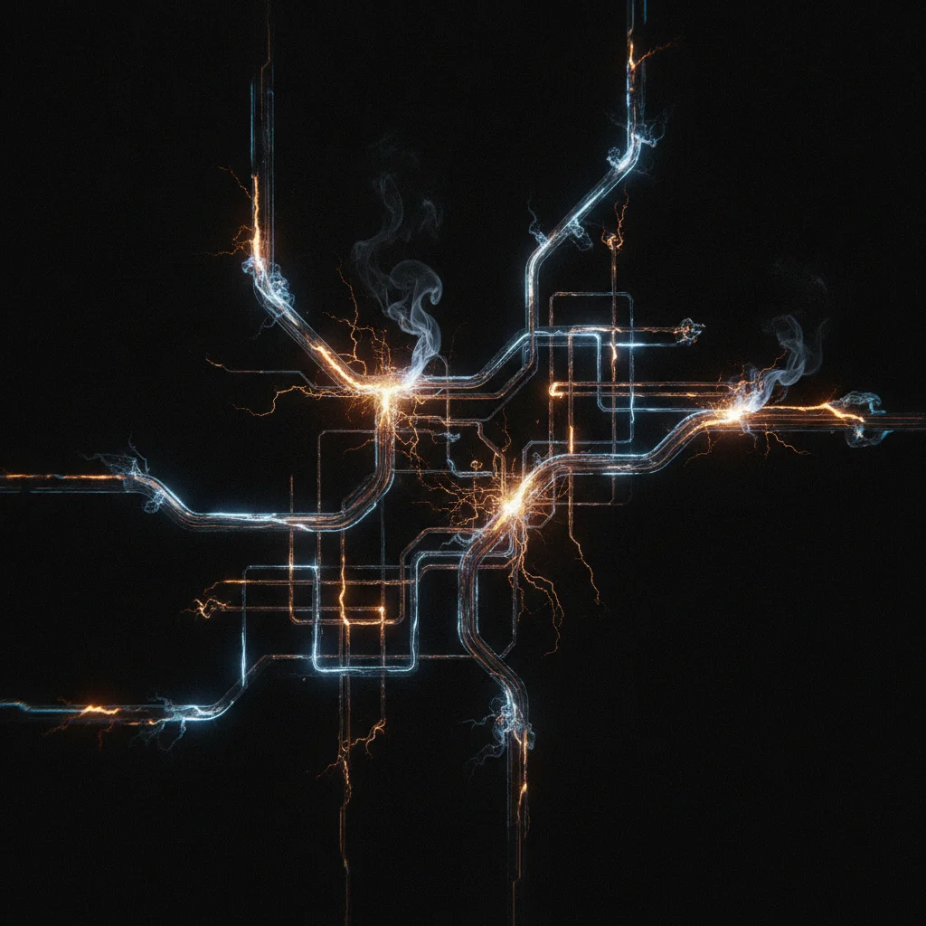 Circuito eletrico abstrato representando falha de software no TNF