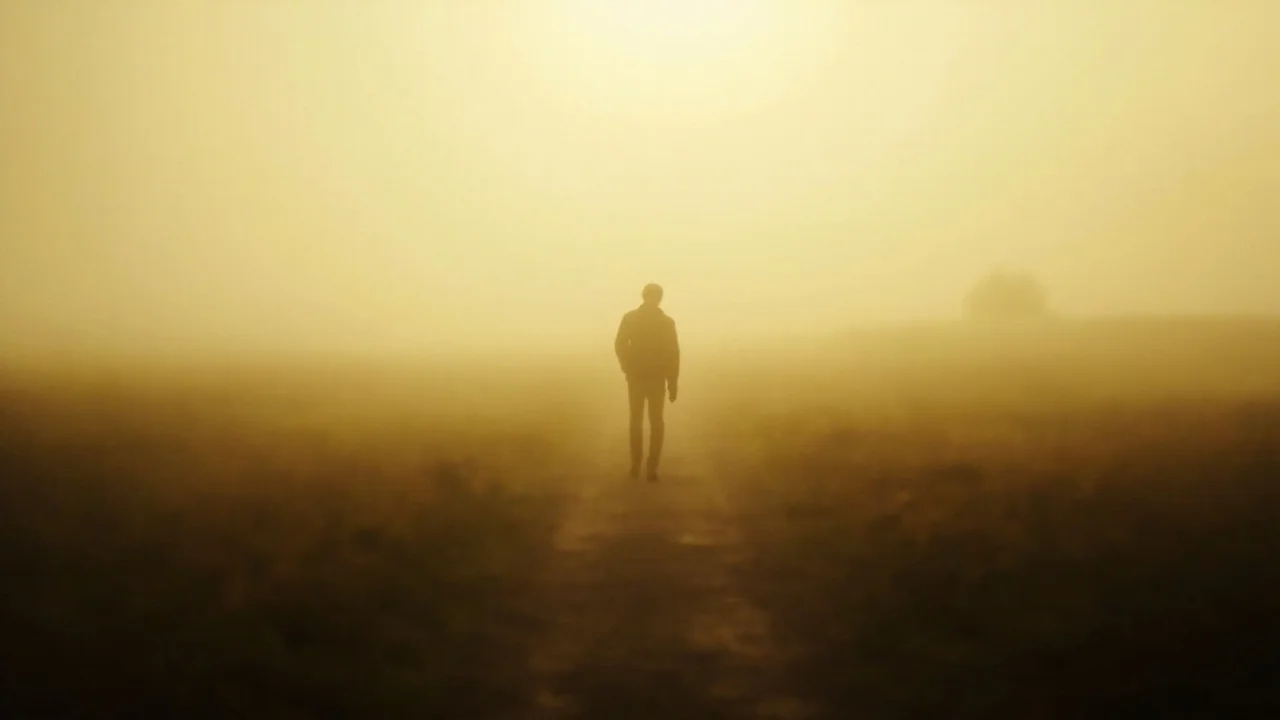 Person walking toward a light at the end of a path