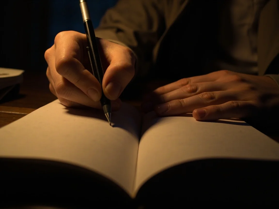 Hands resting on open notebook with pen