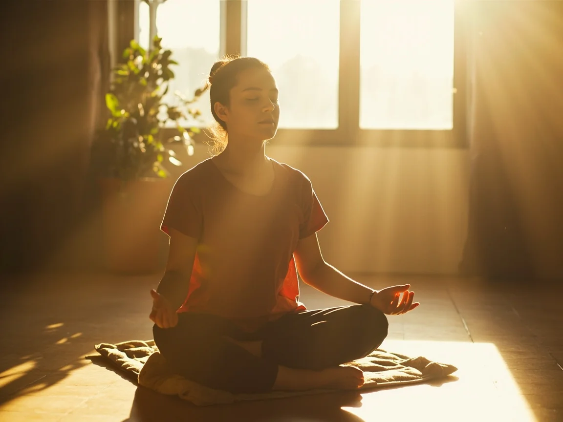 Person meditating in room with soft light