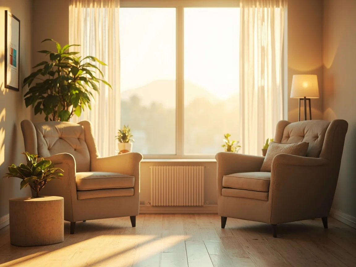 Calm, well-lit therapy room with comfortable armchairs and plants, representing the setting for batrachophobia treatment