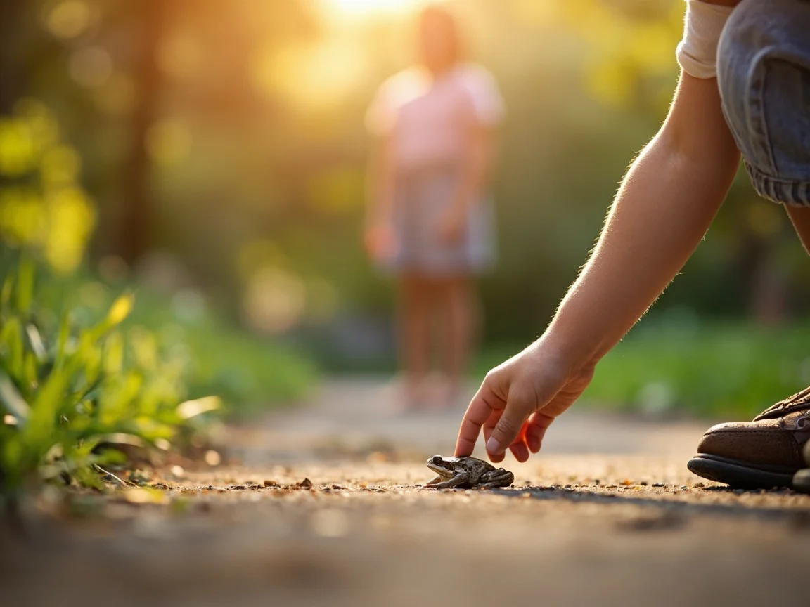 Child calmly pointing at a toad on a garden path with an adult nearby, illustrating how frog phobia often forms in childhood