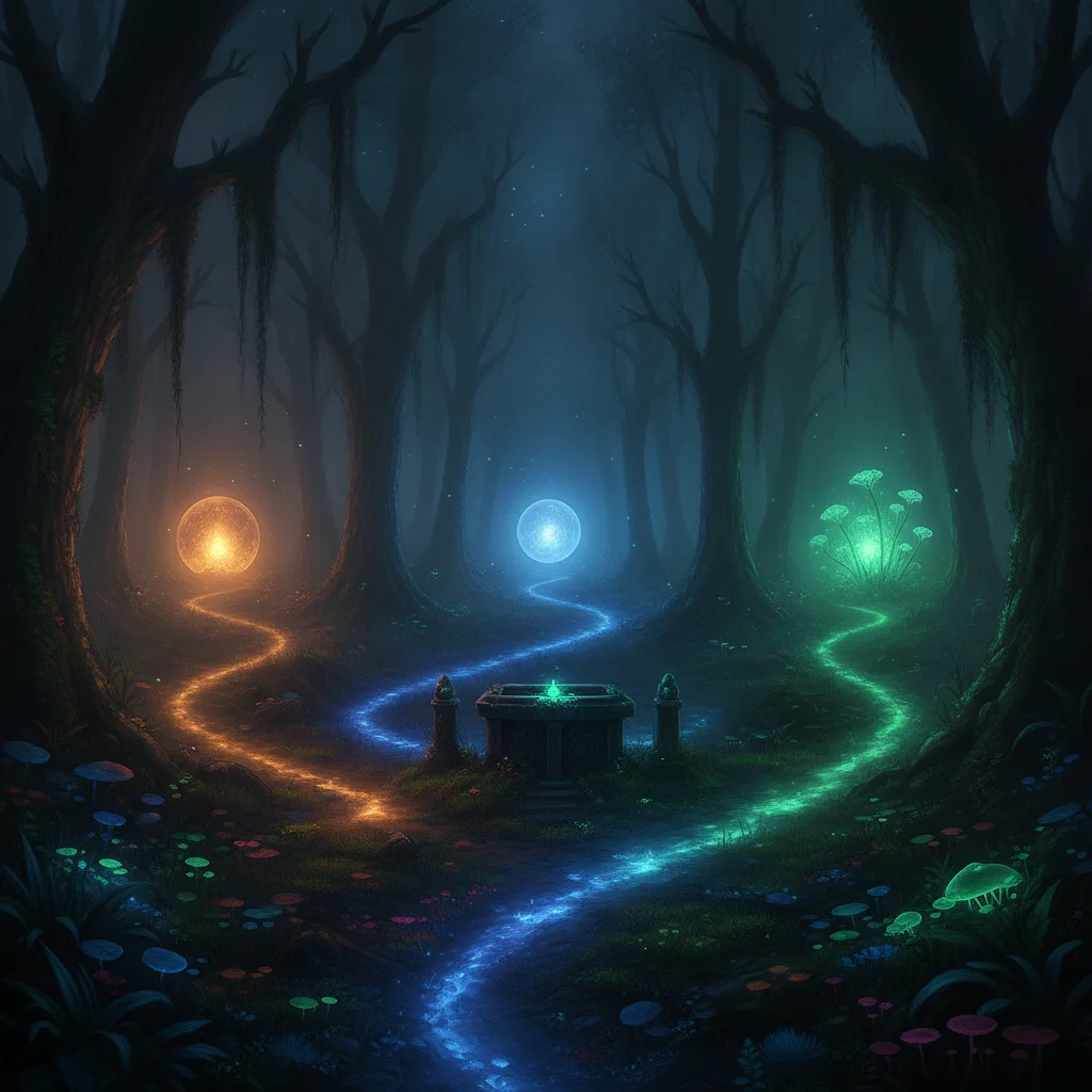 Tres caminhos de luz no escuro representando sentido