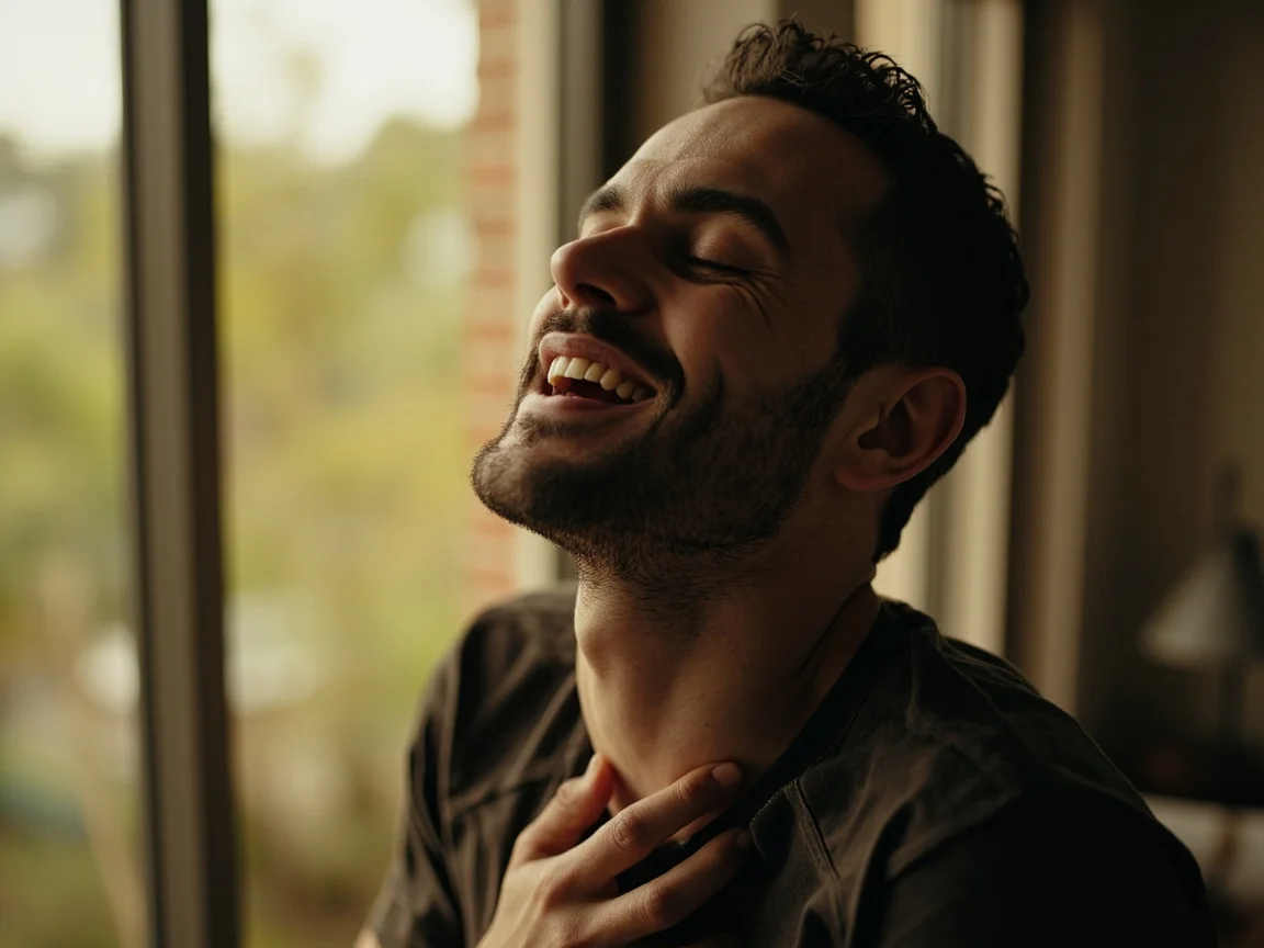 Homem cantarolando para estimular nervo vago pela garganta