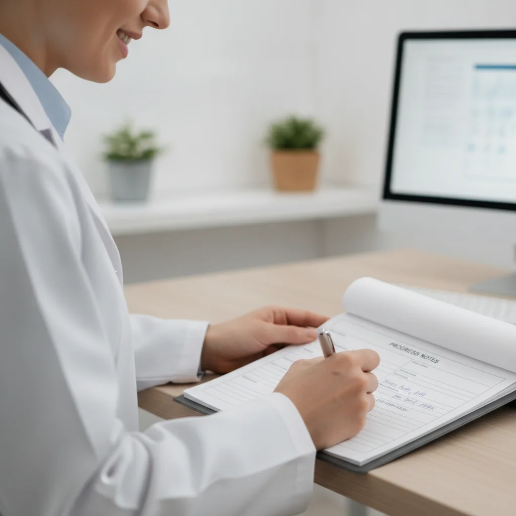 Medico escrevendo documento em consultorio