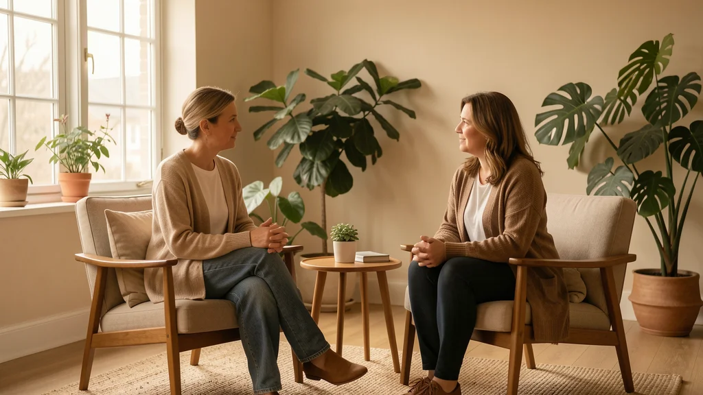 terapeuta e cliente em sala de terapia moderna e acolhedora