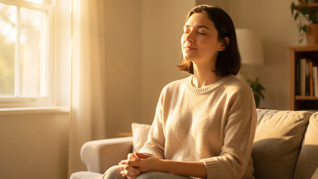 Pessoa sentada em sala iluminada com olhos fechados