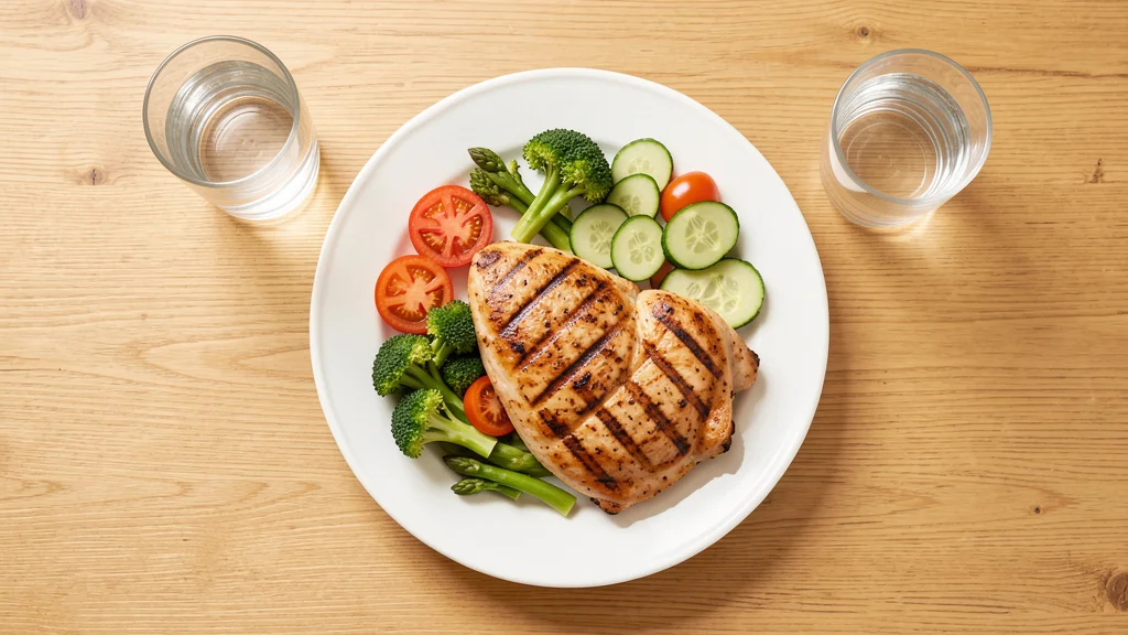 Prato saudavel com frango legumes e agua na mesa