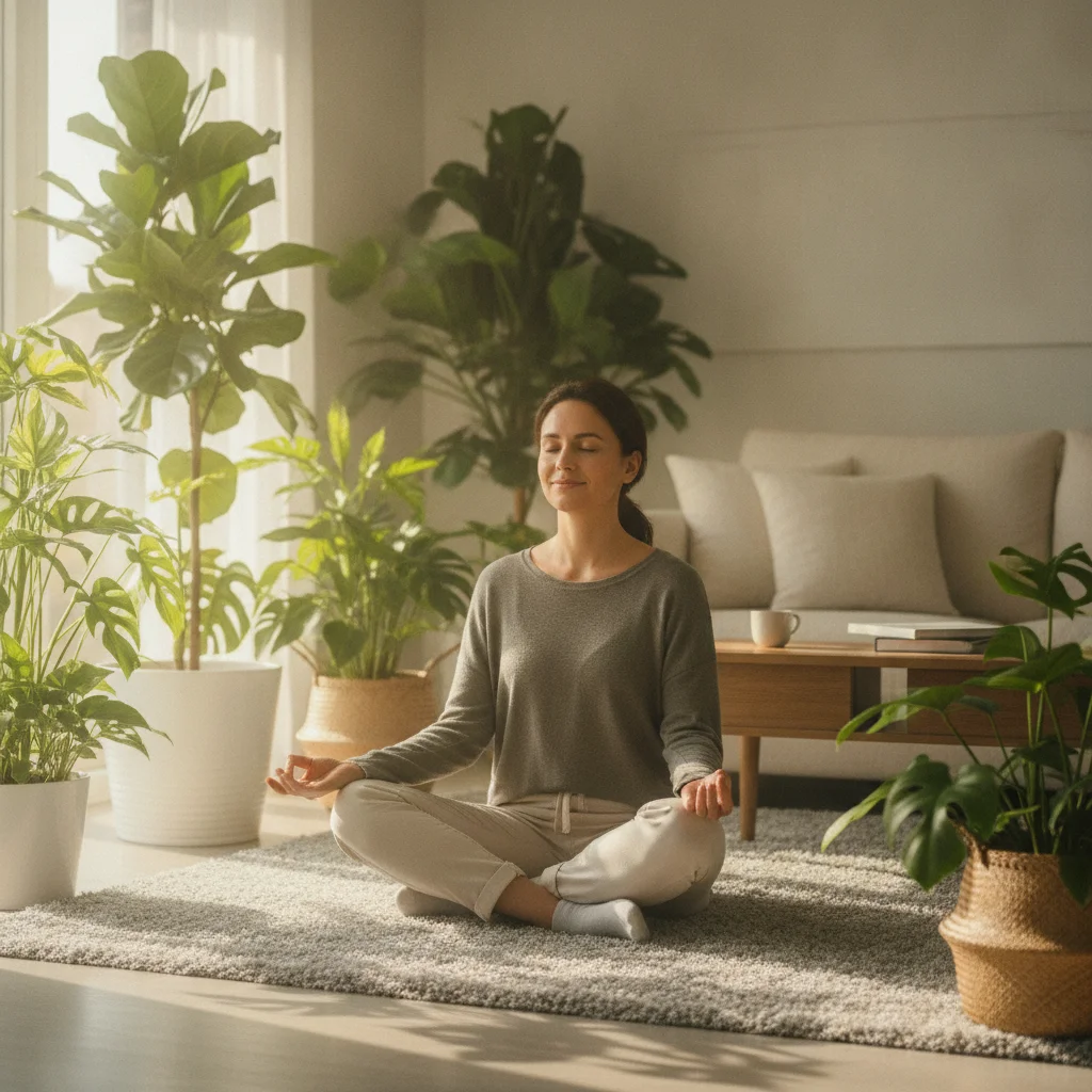 Pessoa praticando mindfulness em uma sala ensolarada Pessoa praticando mindfulness em uma sala ensolarada
