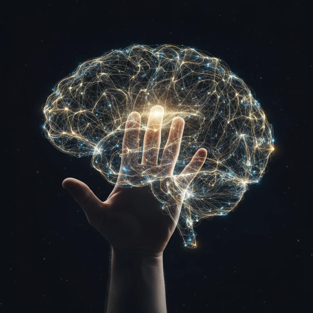 Neuroplasticidade na Recuperação de FND Mao tocando rede brilhante representando neuroplasticidade