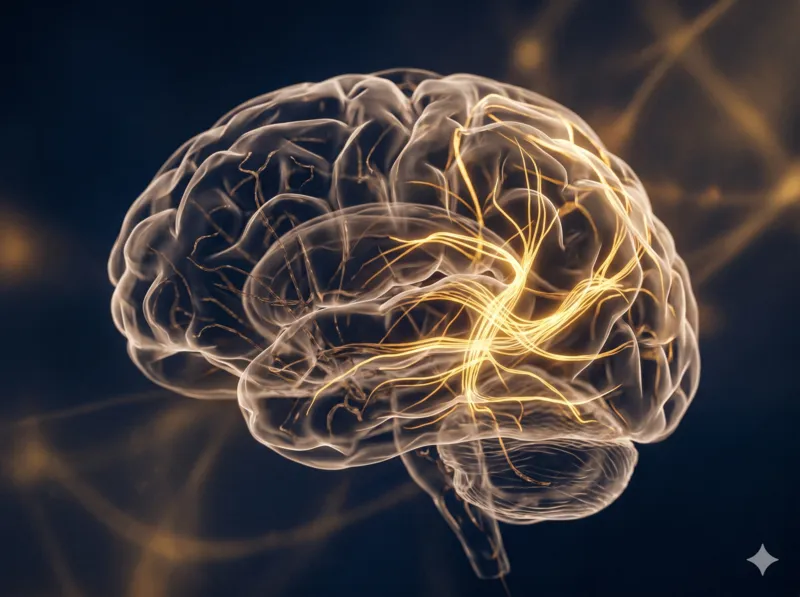 Brain with glowing golden neural pathways reconnecting motor patterns Brain with glowing golden neural pathways reconnecting motor patterns