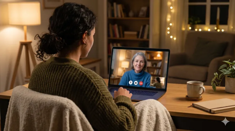 Person having online hypnotherapy session via video call at home Person having online hypnotherapy session via video call at home