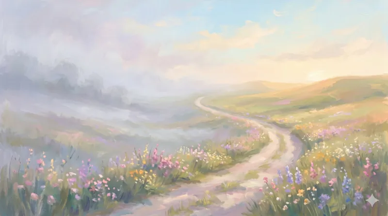 Path from fog to warm sunlight Path from fog to warm sunlight
