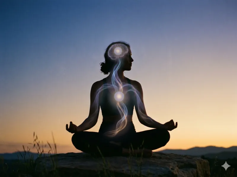 Person meditating heart brain connection Person meditating heart brain connection